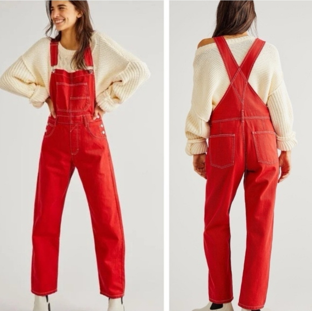 We The Free People Ziggy Heart Eyes Bright Red Denim Jean Cotton Overalls Bibs